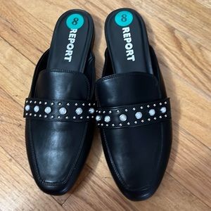 Report, black mules with pearls, new never worn size 8